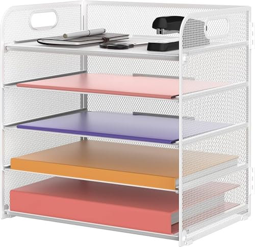 SUPTIDY Schreibtisch Organizer mit Griff, 5-stöckiges Papier Briefkasten Organizer, Dokumentenablage Büro Organizer für Zuhause und Schule, Weiß