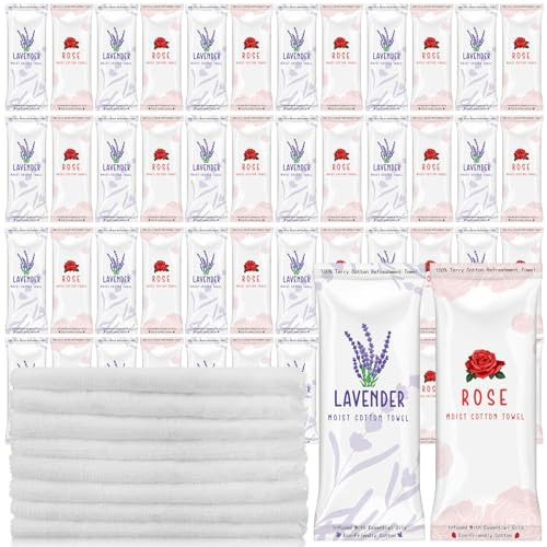 Timgle 50 Pcs Moist Towelettes Individually Wrapped Scented Disposable Face Towels Essential Oil Infused Moist Terry Cotton Towel for Use Hot or Cold Travel Body Spa(Rose, Lavender)