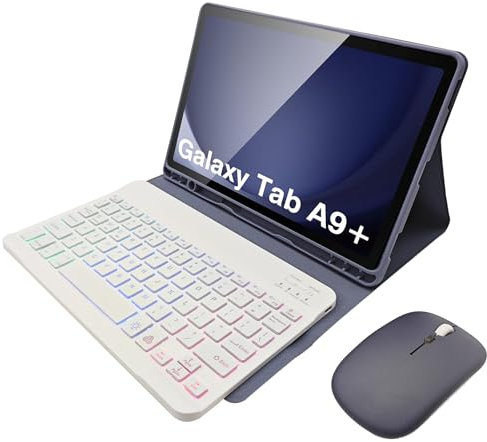 HLTOOP Étui avec Clavier pour Samsung Galaxy Tab A9 Plus 11 (SM-X210/X216/X218), Clavier Français AZERTY, Clavier Rétroéclairé 7 Couleurs avec Souris sans Fil,Violet