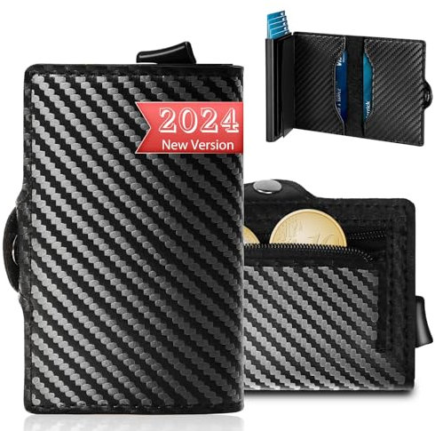 Geldbörse Herren,Kartenetui mit RFID Schutz Kartenetui Herren für 6-8 Karten Portmonee Herren mit Münzfach Schwarz Slim Wallet Geldbeutel Herren mit Geschenkbox Kleine Karbonfaser Kreditkartenetui