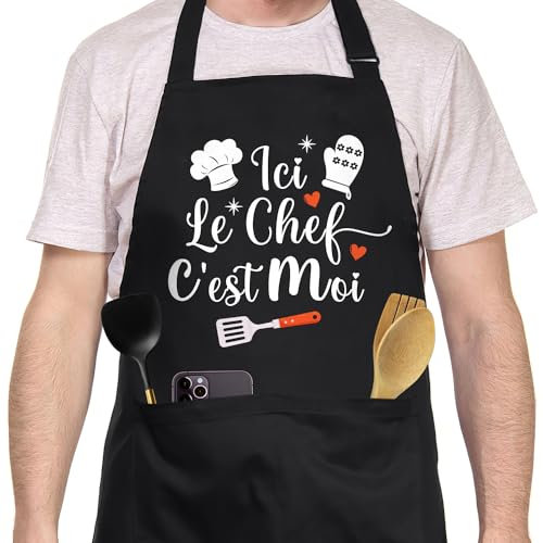 FUKPO - Delantal de cocina para hombre personalizado, color negro, ajustable, delantal personalizado, Humor Drole Rigolo Barbacoa Bbq, delantal de cocina profesional de algodón, regalo Fete Des Peres