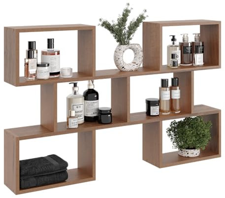 KUBUTKU Groß Wandregal mit 6 Fächern, Bücherregal 80x127x18 Hängeregal Mordern Deko Schweberegal (Nussbaum)