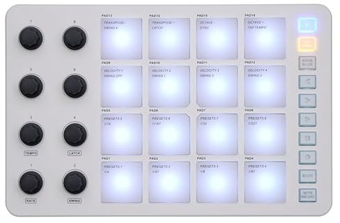 Plyisty SMC PAD USB MIDI Keyboard Controller, Bluetooth MIDI Keyboard with 16 RGB Backlit Pads 8 Assignable Knobs and Note Repeat Function and 3.5mm MIDI Output