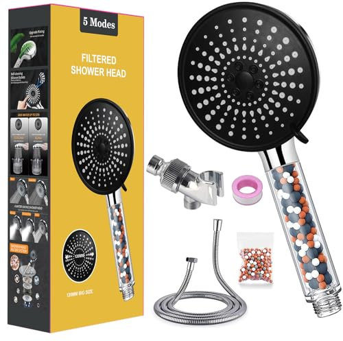 Pommeau de douche et tuyau de 1,5 m avec filtre, pommeau de douche ionique haute pression 5 modes, pommeau de douche ionique universel pour eau dure et basse pression (noir)