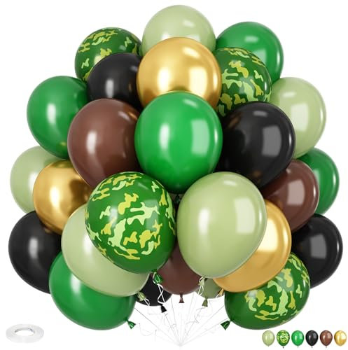 Green and Brown Balloons, 12 Inch Camo Balloons Brown, Sage Green and Metallic Gold Balloon Dark Green and Black Balloon for Army Theme Hunting Camping Jungle Birthday Baby Shower Supplies