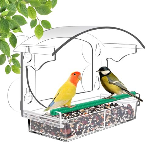OFFCUP Window Bird Feeder, 1PCS Acrylic Clear Birds House, Wild Bird Seed Feeder with 4 Strong Suction Cups and Drain Holes, Wild Feeding Food Station for Garden Decor Outdoor Birding