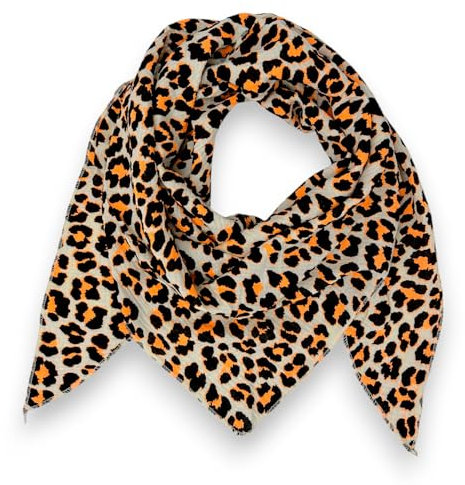 Ziona Musselin Tuch Damen Leo Dreieck Made Italy 195 x 72 cm Herbst Winter Halstuch leoprint Schal Baumwolle (Beige-Orange)