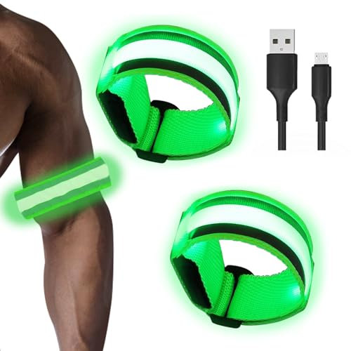 Hillylolly LED Armbänder Aufladbar, 2 Stück Reflektierend Leuchtbänder mit USB, Kinder Sicherheitslicht für Joggen, Laufen (Grün)