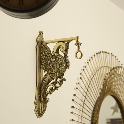 Esplanade Messing-Pfauen-Wandhalterung, traditioneller handgefertigter Wandaufhänger für Diya-Lampe, Glocke, Heimdekoration (30 cm)