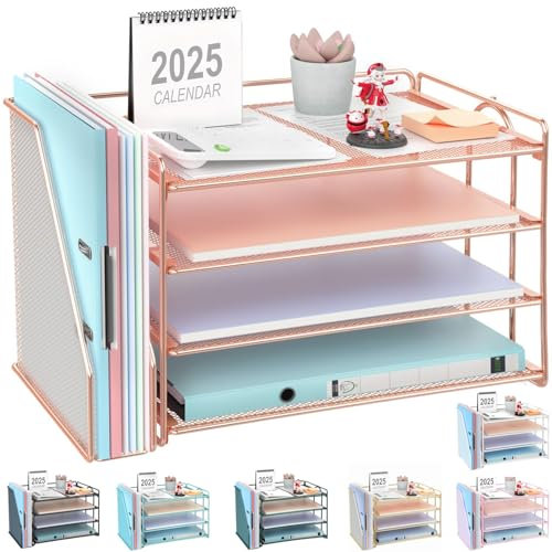 gianotter 2025 New Large Capacity Desk Organizer with Detachable Magazine Holder, 4-Tier Paper Organizer Letter Tray, Desk Accessories for A4 Paper and Document Storage(Rose Gold)