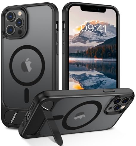 DOMAVER Hülle für iPhone 12 Pro Max (6,7) - Magnetisch Integrierter unsichtbarer Ständer | Militärischer Fallschutz | Transparente Matt-Oberfläche | Kompatibel mit Mag-Safe Zubehör， Schwarz