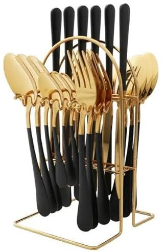 FATASH Cutlery Set for 1-6 People, 24pcs Stainless Steel Silverware with Hanging Stand, Mirror Polished Flatware Spoon, Fork, Butter Knife, Smooth Edges & Dishwasher Safe Dinner Tableware Black Gold