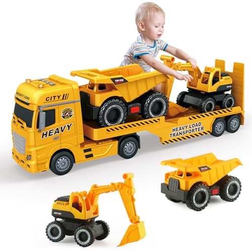 Mostop Großer Pritschenwagen Spielzeug für Kinder, 25,6“ Semi Truck Spielzeug mit Bagger und Dump Truck, Geschenke für Alter 3 4 5 6 Jahre alt Jungen Mädchen
