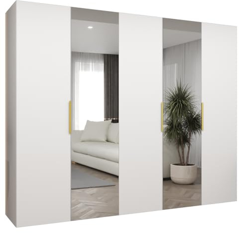 MEBLE KRYSPOL - Kleiderschrank mit Spiegel - Drehtürenschrank - Schrank 250x202x52cm - Garderobenschrank Schlafzimmer, Flur, Jugendzimmer - Farbe Weiß, Griff Gold - Marbella 2 250