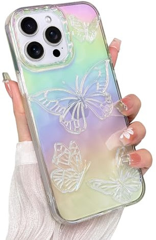 Heaofei Cute Case for iPhone 14 Pro Max Case for Women Girls, with 3D Butterflies Pattern Design, Aesthetic Clear Iridescent Glitter Kawaii Girly Rainbow Protective Phone Cover