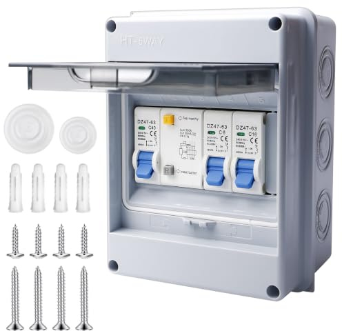 Boîte à fusibles en saillie IP65, petit distributeur en saillie avec interrupteurs Fi, disjoncteur 32 A, interrupteur AC 16 A + 160 A - Boîte de distribution pour la maison, le bureau, le centre