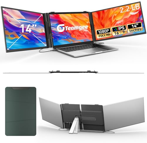 Teamgee 14 Triple Laptop Screen Extender, 0.9kg Ultra-Thin & Light Durable Portable Monitor with Adjustable Bearing Stand, FHD 1080P for 13.3-17.3 Laptops, Wins/Mac/DEX/Chrome, for Travel/Work