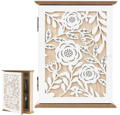 Schlüsselkasten Holz Schlüsselbox mit 6 Schlüsselhaken, Vintage Weiß Blumenmuster Schlüsselschrank Wandmontage, Dekorativer Schlüsselablage Schlüsselhalter Wandorganizer für Eingang, Flur, Büro