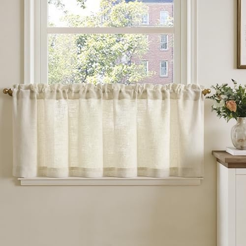 TOPICK 1 tende a vetrina A40 x L140 cm tende bistrot per soggiorno naturale | effetto lino cucina, piccole finestre, traslucide, tende da cucina corte, stile moderno rustico, con passante a tunnel
