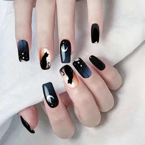 DOINEUFL Press on False Nails French,3 Styles Halloween Goth Stick on Gel Fake Nails for Women,24PCS Short Square & Stiletto Acrylic Nail Press Ons,Gothic Petite Artificial Nail (Black)