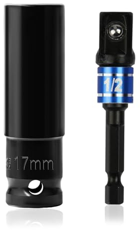 Rayakt 17 mm Drive Impact Socket, 1/2 Deep 6-Point Impact Socket with Hex Shank Adapter, Heavy Duty Chrome Vanadium Steel for Quick and Professional Use