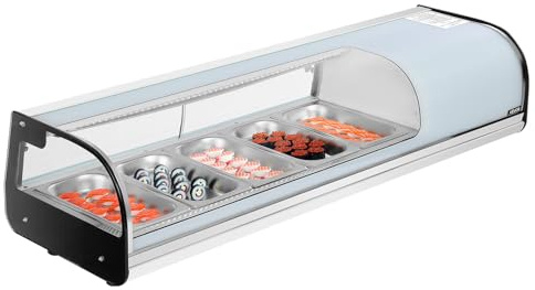 VEVOR Sushi Display Case Refrigerator, 1.8 Cu.ft Commercial Sushi Case, 5-Pan Countertop Showcase with Curved Glass, LED Lighting, and Digital Temperature Control, for Sushi-Bar, Restaurant, Store