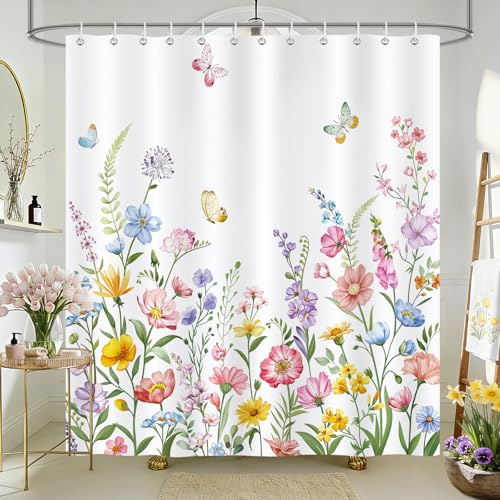 COZZSNUGE Cortina de Ducha Primavera Flores, Cortina de Baño Acuarela Flores Planta Mariposas Rosa Coloridas 180 x 180 cm Poliéster Impermeable Resistente al Moho con 12 Ganchos