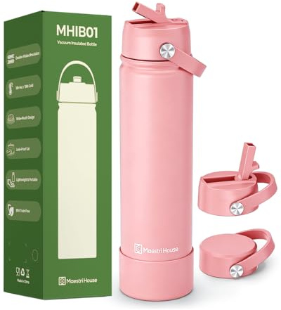 Maestri House 750ml Trinkflasche Edelstahl, Auslaufsicher, Thermosflasche mit 2 Deckeln (Strohhalm & Trinkverschluss), 10h Heiß & 24h Kalt, BPA-frei, Trinkflasche für Sport, Fitness, Outdoor (Rosa)