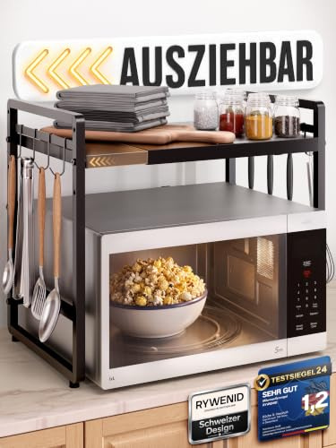 Erweiterbares Mikrowellen Regal, Küchenregal ausziehbar 40-64cm, schwarz | Mikrowellen Ablage stehend, kompakt für kleine Küchen, verstellbar in Höhe und Breite, 2-stufig mit 8 Metallhaken als Zubehör