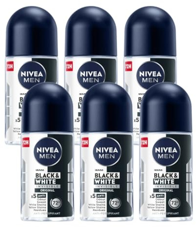 NIVEA Men Roll-On Deodorant Invisible Black & White Original, 72H Anti-Perspirant Protection, Fights Sweat & Body Odor, No White or Yellow Marks on Clothes, Long-Lasting Freshness, 25ml, Pack of 6