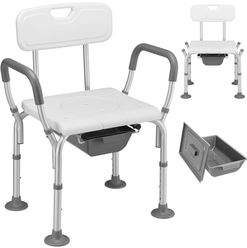 BAKAJI Sedia Sgabello WC da Bagno Doccia in Alluminio per Anziani, Disabili e Persone Mobilità Ridotta, Seduta Ergonomica e Maniglie di Ausilio, Secchio Coperchio Rimovibile Altezza Regolabile 73–85cm
