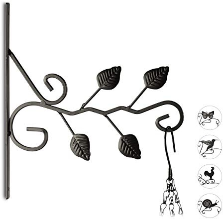 Relaxdays 3X Blumenhaken mit Blätter-Motiv, Blumenampelhalter für Wand, Metall Garten-Deko, HBT: 30 x 27,5 x 2cm, schwarz