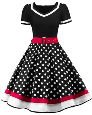 AXOE Damen 50er Jahre Kleider Rockabilly Vintage Festliches mit Abnehmbarer Gürtel A LinieSchwarz Weiß Gepunktet, Gr.48, 4XL