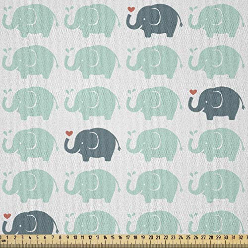 ABAKUHAUS Safari Stoff als Meterware, Cartoon-Elefant, Microfaser Multi Zweck Dekostoff für Kunsthandwerke, 3M (230x300cm), Weiß Teal