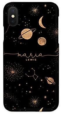 Tirita Personalised Initials Custom Hard Phone Case Compatible with iPhone Xr PRINTED GLITTER, NOT REAL GLITTER Space Stars Moon Planets Black Copper Galaxy