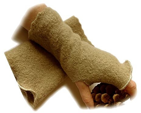 Armstulpen/Pulswärmer mit Daumenlöcher: Walkwolle (Walkloden, Kochwolle) in Naturbeige-Ton