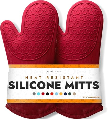 Gants de cuisine en silicone souple sans BPA – Gants de cuisine ultra résistants à la chaleur avec doublure en coton épais – Longs maniques antidérapants – Gants de cuisine flexibles – Rouge empire