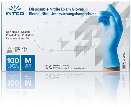 Intco, Blaue Einweghandschuhe aus Nitril, puderfrei, latexfrei, ideal für Tätowierer, Medizin, Schönheitspflege, Umgang mit Lebensmitteln, Schachtel mit 100 Stk. (500M)
