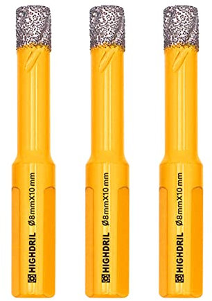 HIGHDRIL Lot de 3 forets diamantés de diamètre 8 mm avec tige triangulaire brasée sous vide pour béton, granit, marbre, verre, porcelaine, carrelage, maçonnerie, brique, tige triangulaire