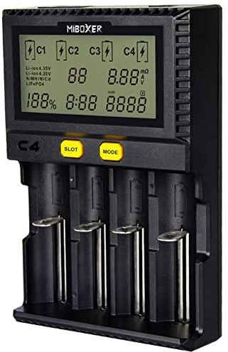 LGIDTECH C4 MiBOXER 18650 Battery Charger 4 Slot With Car Charging Port,LCD Display for AA AAA C 26650 16340 18500 18350 17670 RCR123 Li-ion/IMR/INR/ICR/Ni-MH/Ni-Cd/LiFePO4 Rechargeable Batteries