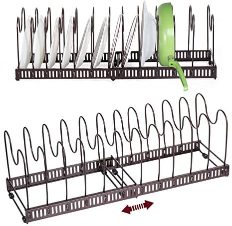 Kinsinder Pfannenhalter für Schublade, Topfdeckelhalter Erweiterbarer Pfannen Organizer mit 12 Verstellbaren Teiler, Deckelhalter für Schubladen, Pfannenhalter für Töpfe und Deckel(Bronze-12)