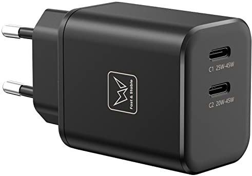 45W USB C Ladegerät für Samsung, 2 Port USB C GaN II Schnellladegerät für Samsung Galaxy S22 Ultra/S22+/Tab S8 Ultra/Tab S7 FE/Z Fold4/Z Flip4, 45W PD Netzteil für iPhone/MacBook, Schwarz (Ohne Kabel)