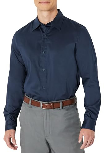 Amazon Essentials Men's Regular Fit Long Sleeve Wrinkle Resistant Stretch Dress Shirt, Navy, Large
