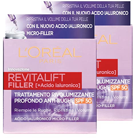 L'Oréal Paris Revitalift Filler Crema Giorno Trattamento Rivolumizzante Profondo Antirughe Protezione SPF50 con Acido Ialuronico Micro-Filler - 2 Barattoli da 50ml