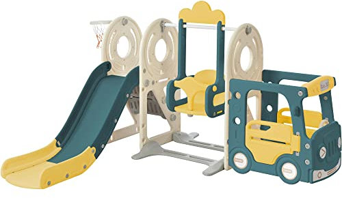 Merax 5 in 1 Kinderrutsche Schaukel Basketballkorb, Bus Set mit Rutsche und Kletterleiter für Indoor Outdoor Hinterhof, Kinder Spielplatz Slide Gartenrutsche, einfach aufstellbare, Grün & Gelb
