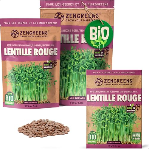 ZenGreens® Graines de lentille rouge bio - Choisissez entre 200g et 500g | germes - pour bocal de germination, plateau et germoir à étages - taux de germination élevé - récolte en quelques jours
