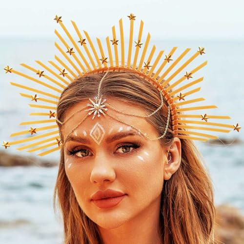 Zoestar Serre-tête auréole de Marie avec fermeture éclair à pointes et étoiles dorées – Accessoire de cheveux pour femme et fille – 1 pièce (A)