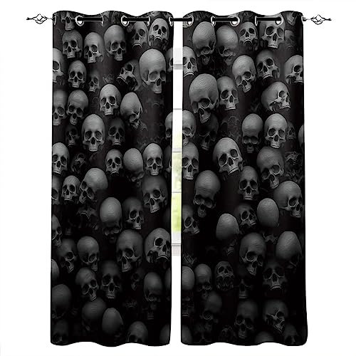 Schwarzer Totenkopf Verdunklungsvorhänge Horrorschädel Blickdichte Gardinen 2Er Set, Thermo Vorhänge Für Schlafzimmer Wohnzimmer Kinderzimmer Küche Fensterdekoration (117 x 137cm)