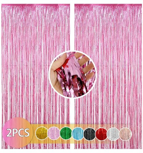 TIWIHON Pink Tinsel Curtain - Birthday Party Decorations Foil Fringe Streamers, 3ft X 8.2ft Metallic Tinsel Curtain Party Backdrop Foil Curtain for Birthday Christmas Wedding Holiday Decoration 2 PCS