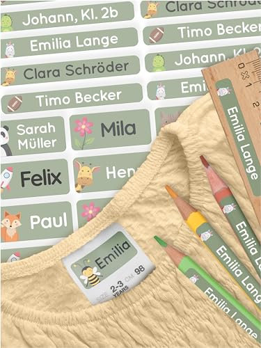 melu kids® Namensaufkleber Set Kinder für Schule Stifte - Kleidung & Gegenstände (70 Sticker) - Personalisierte wasserfeste Aufkleber in verschiedenen Größen (grün)